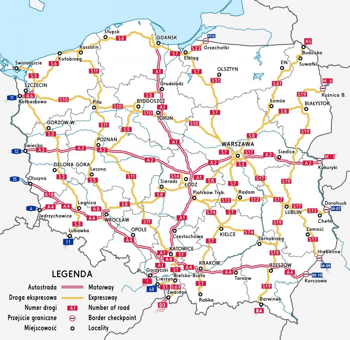 Carte des autoroutes de Pologne